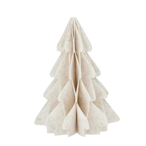 A small decorative Christmas tree made from layered, textured off-white felt or fabric, shown against a plain white background.