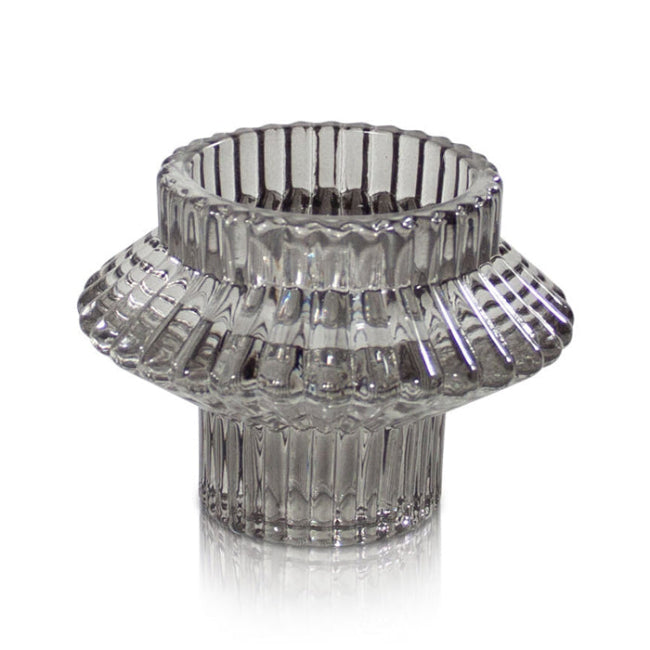 textured Glass Candle Holder in grey on a white background