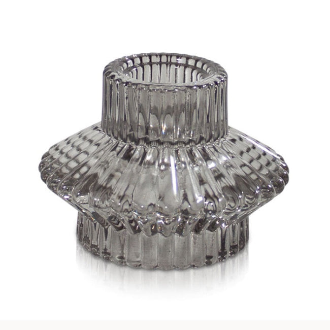 textured Glass Candle Holder in grey on a white background