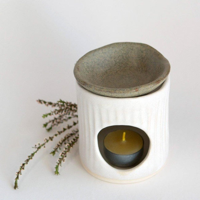 Ceramic oil burner with a oatmeal base and riverstone dish by Kim Wallace Ceramics