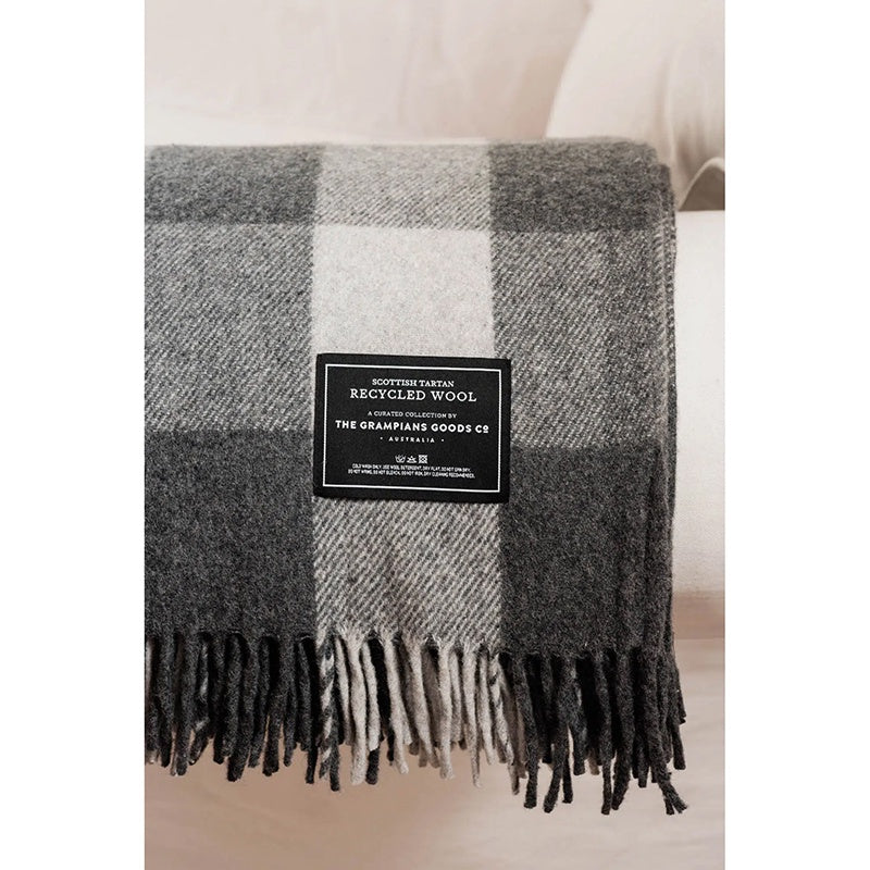 Recycled Wool Scottish Tartan Blanket in Smoke by The Grampians Goods Co